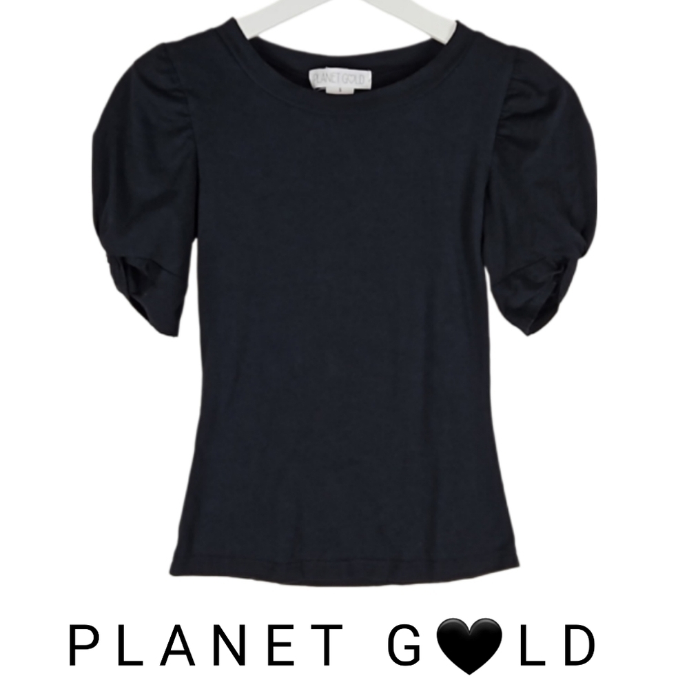 Black Puff Short Sleeve Ruched Tshirt Tee Top, Black, Size S
